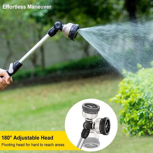 FANHAO 16-Inch Metal Watering Wand - Heavy Duty Hose Nozzle with 9 Spray Patterns & 180° Rotation - Black