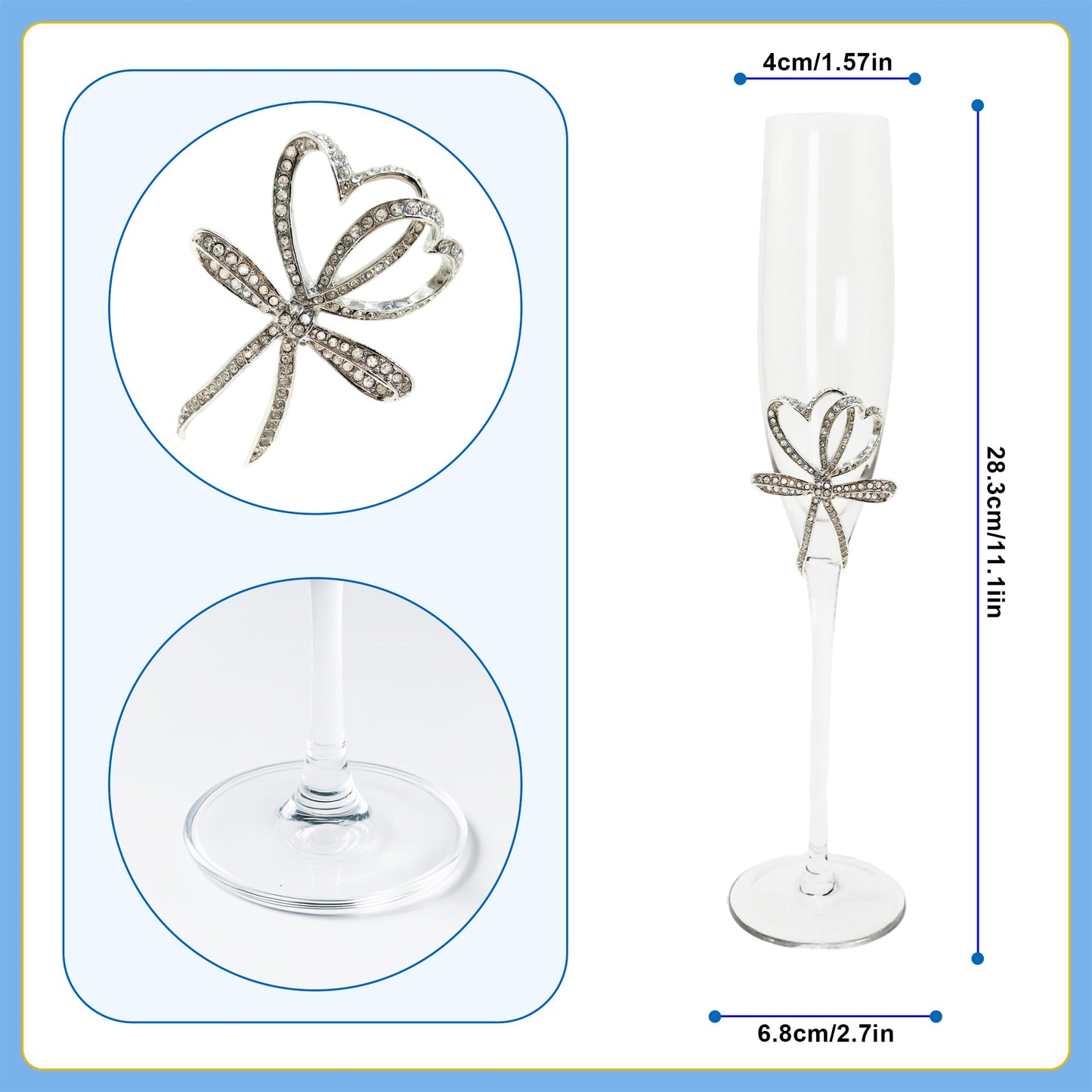 Jozen Gift Silver Champagne Flutes - Set of 2 Hand Blown Champagne Glasses wtih Metal Accent DOUBLE HEARTS- Gifts for Birthday,Wedding, Mother’s Day - 6 oz (Modern, Silver)