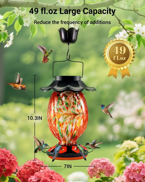 HouseSapp Solar Hummingbird Feeder - 49 Fl. Oz Color Changing Hand Blown Glass - 7 Feeding Ports & Perch