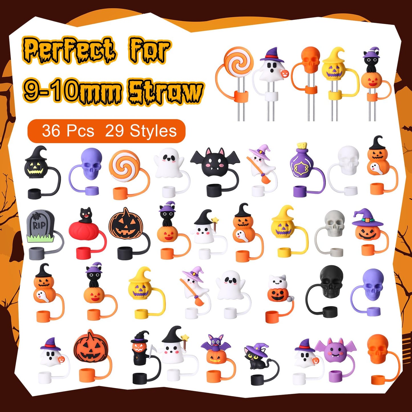 Honeydak 36 Pcs 3D Halloween Straw Toppers for Cup Silicone Straw Cover Cap for 30&40 oz Tumbler, 10 mm Silicone Toppers with Handle, Reusable Dustproof Tips Lids for Halloween Gifts Party Supplies