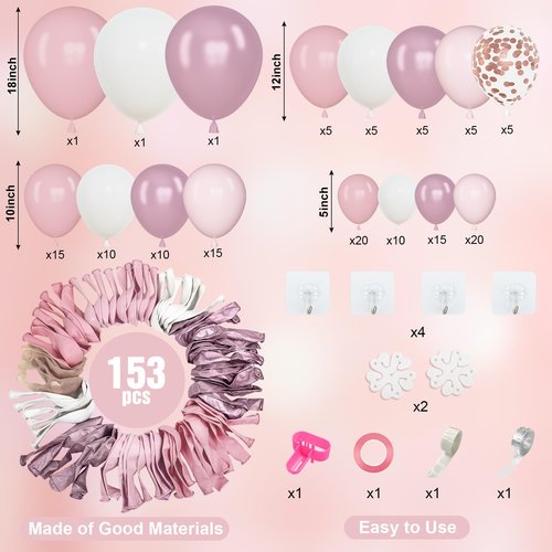 Amandir 153pcs Pink Balloon Garland Arch Kit, Different Sizes 18 12 10 5 inch Hot Pink Latex Metallic Confetti Pink Balloons for Birthday Princess Wedding Baby Shower Party Decorations