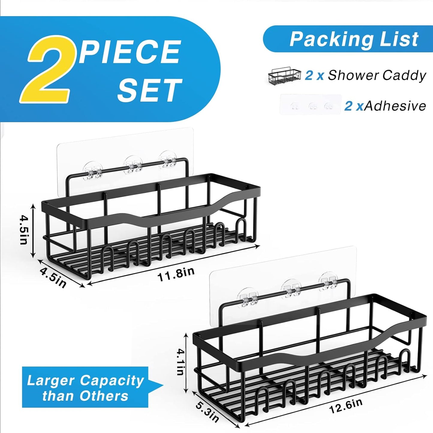 Skiennix Shower Caddy 2 Pack - Adhesive Bathroom Organizer with Large Capacity | Rustproof Stainless Steel