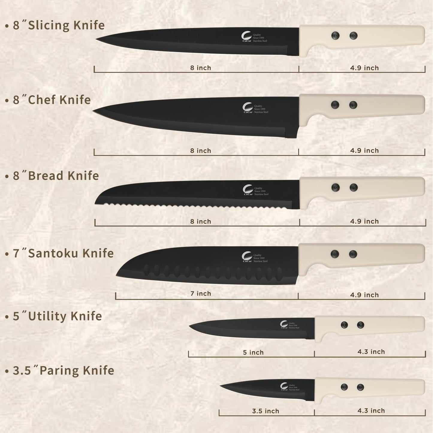 CuCut 12-Piece Kitchen Knife Set, Nonstick Coating Chef Knives Set with 6 Blade Guards, Double Rivets, Dishwasher Safe, High Carbon Stainless Steel Blades for Cooking, Cutting, Chopping