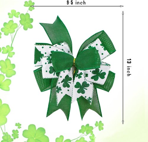 Clover Patrick's Day Wreath Bow - Green Shamrock DIY Craft Ribbon Ornament | 9.5 x 13 Inch