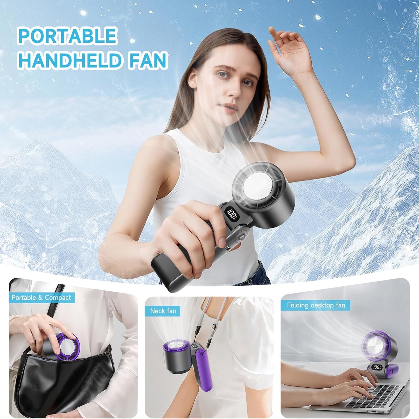 Skiennix Portable Handheld Turbo Fan - Rechargeable Mini Fan with 1-100 Stepless Speeds | Perfect for Summer Travel & Outdoor Use (Black)