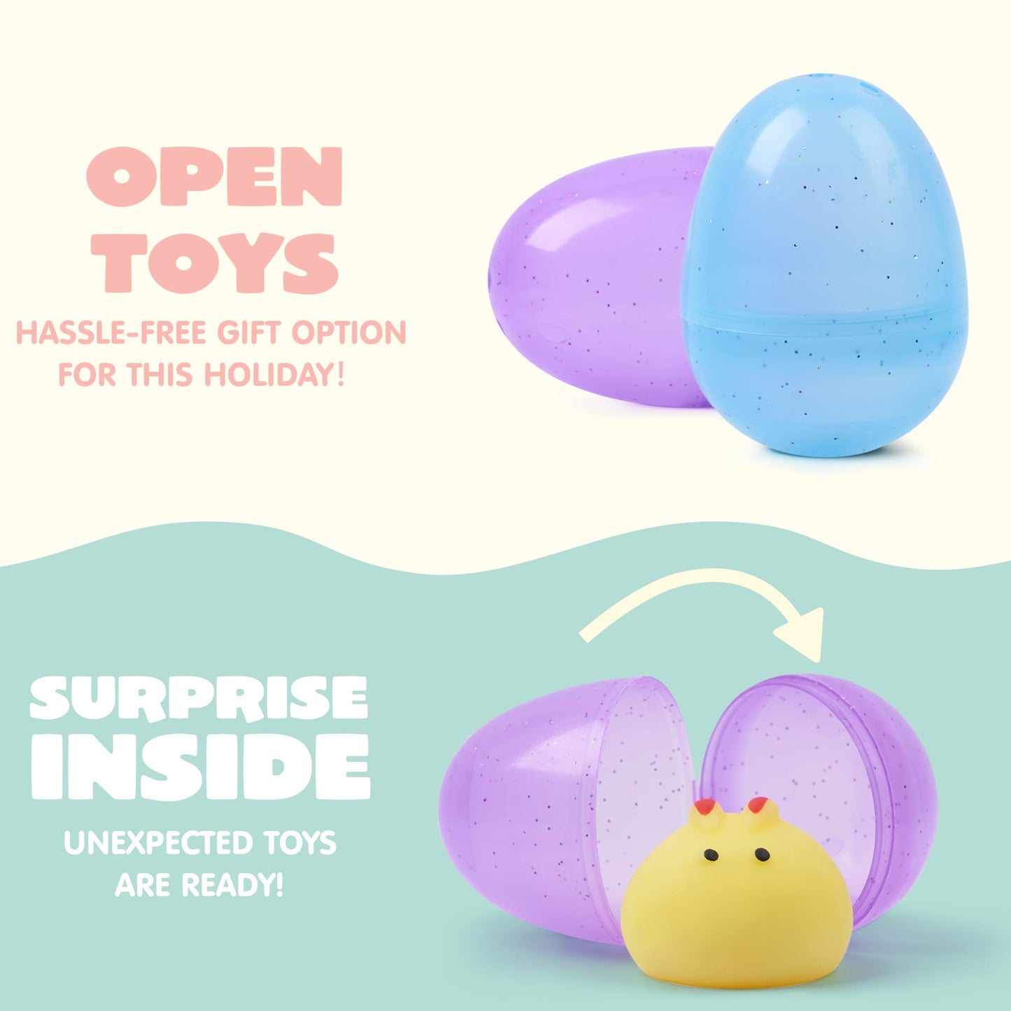 JOYIN 24 Pcs Easter Prefilled Eggs with Mochi Squishy Toys, Fruit Stress Reliever Squishy Toy for Easter Egg Hunt, Kids Party Favor, Fruit Themed Mochi Filler Basket Stuffers, Classroom Prize Supplies