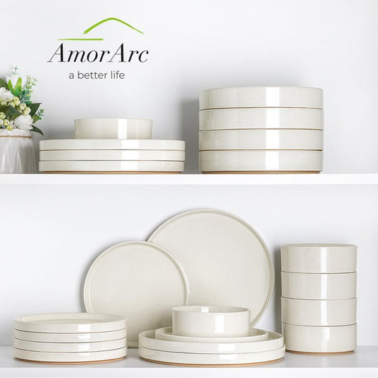 AmorArc Ceramic Dinnerware Set for 4 | Speckled Stoneware Plates and Bowls with unglazed terracotta | Scratch Resistant, Dishwasher & Microwave Safe Modern Dishes Sets- 12-Pcs