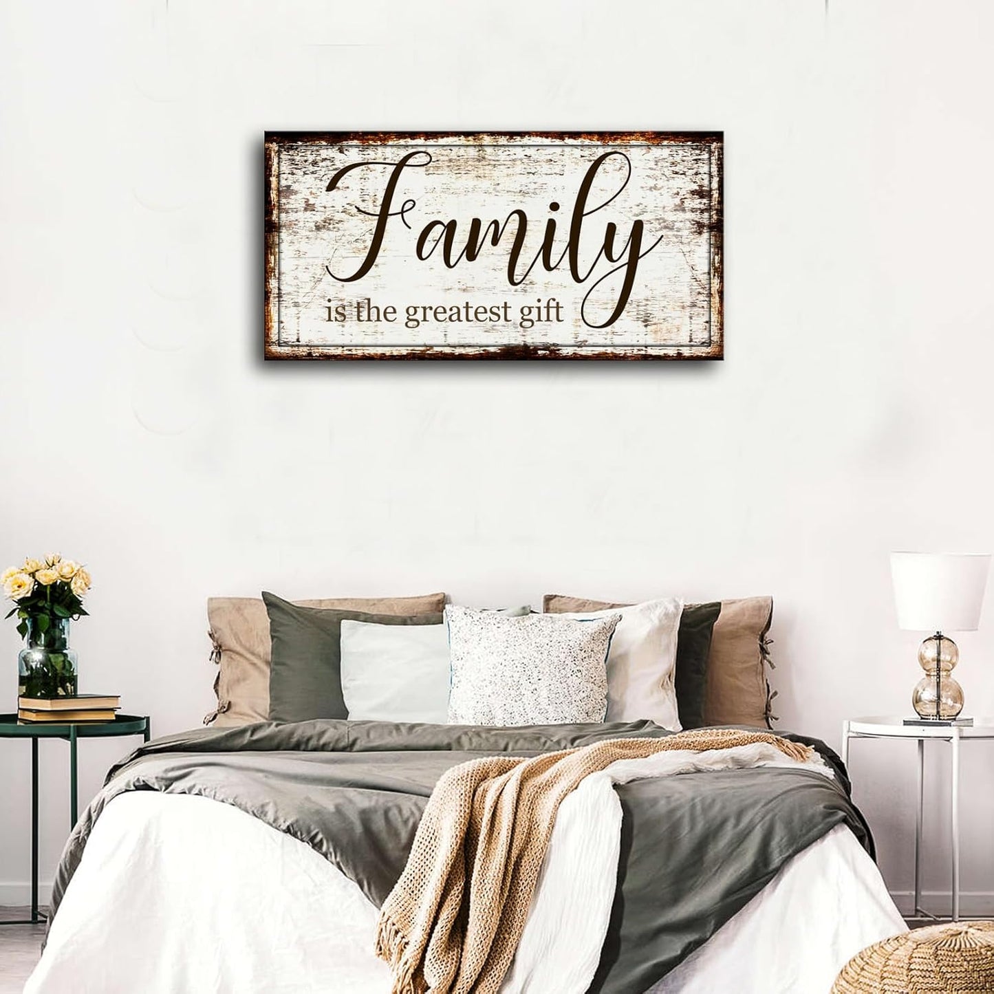 Family Canvas Wall Art for Living Room - Greatest Gift Word Painting, Farmhouse Retro Artwork Prints, Framed Stretched Picture for Dining Room, Office, Home Decor