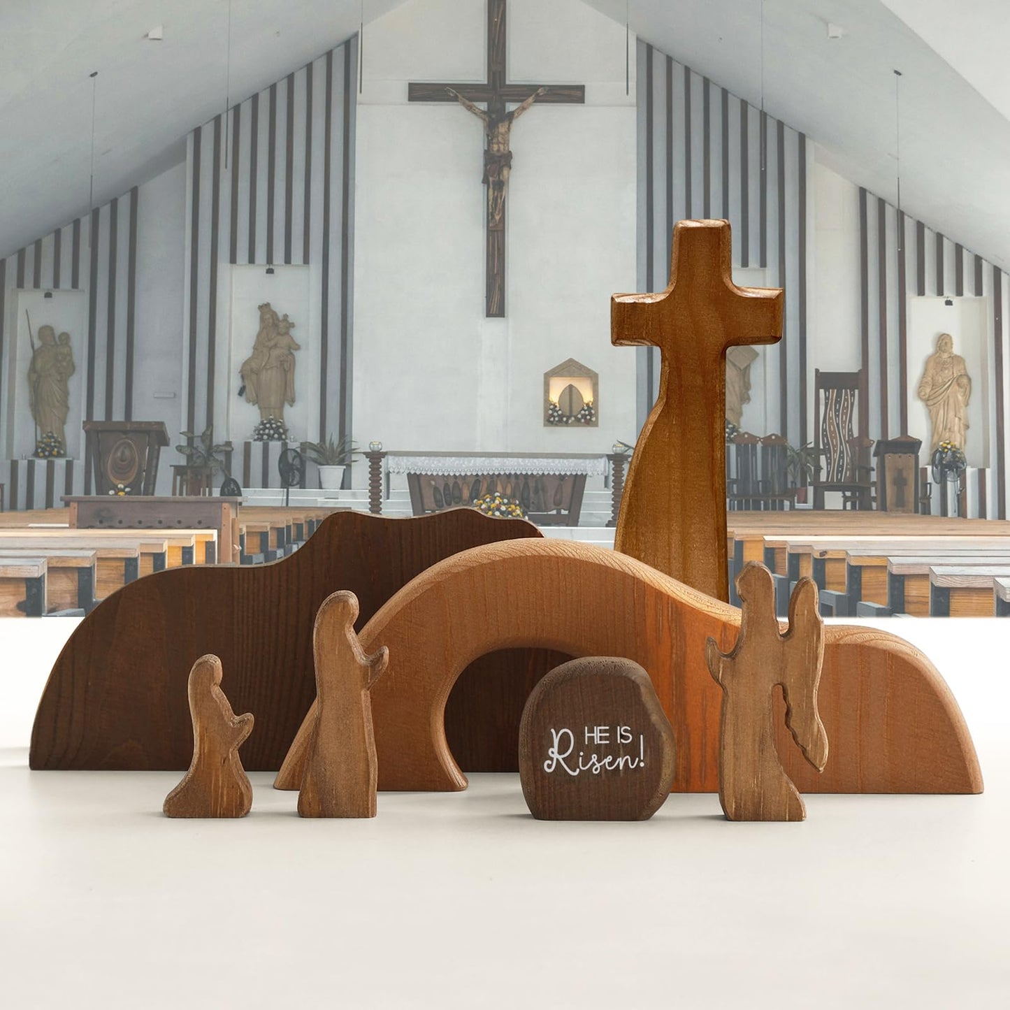 FARGEPENN Wooden Nativity Set, The Empty Tomb Easter Scene, Christian Cross Decorations, Decorations Religious Jesus Tomb Easter Kit Display for The Home, Tabletop, Office