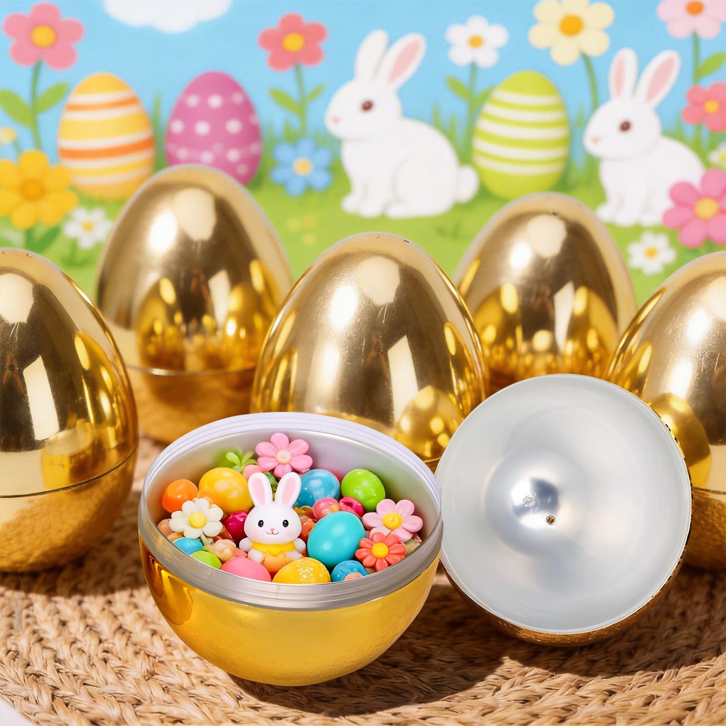 MGparty Jumbo Golden Easter Eggs 6 Inch 6 Pcs Fillable Large Plastic Empty Gold Easter Eggs Bulk for Easter Egg Hunt Basket Stuffers Party Favors and Decorations