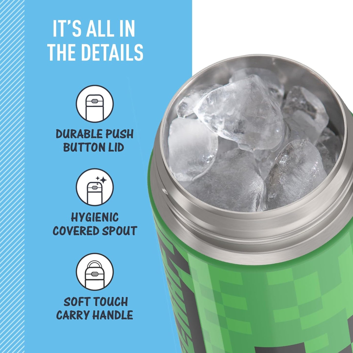 THERMOS FUNTAINER 16 Ounce Stainless Steel Vacuum Insulated Bottle - Wide Spout Lid | MINECRAFT Design