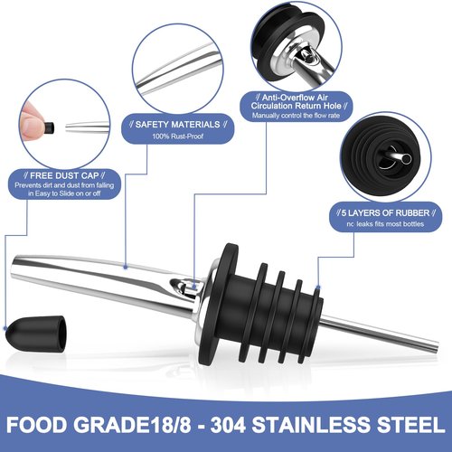 60-Pack Stainless Steel Pour Spouts for Liquor Bottles Oil Vinegar and Wine,Liquor Bottle Pourers with Rubber Dust Caps,Bar accessories,Pourers for Bartending
