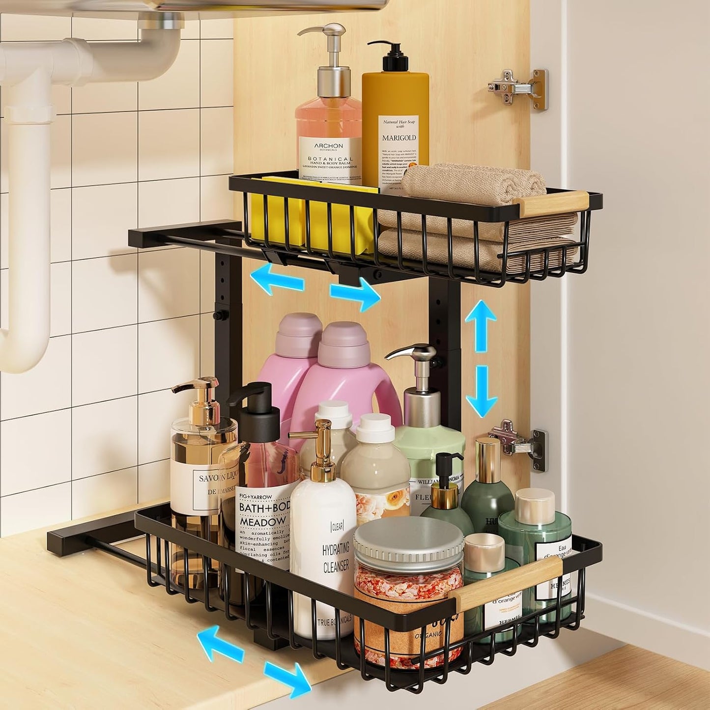 REALINN Under Sink Organizer - Height Adjustable 2-Tier Pull-Out Drawer Storage for Kitchen & Bathroom