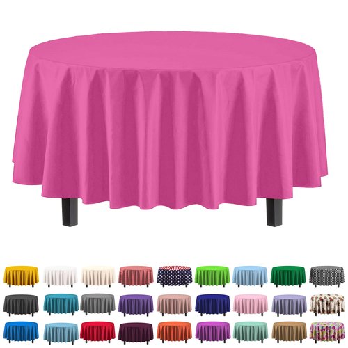 Exquisite 12-Pack Premium Plastic Tablecloth 84in. Round Table Cover -Cerise