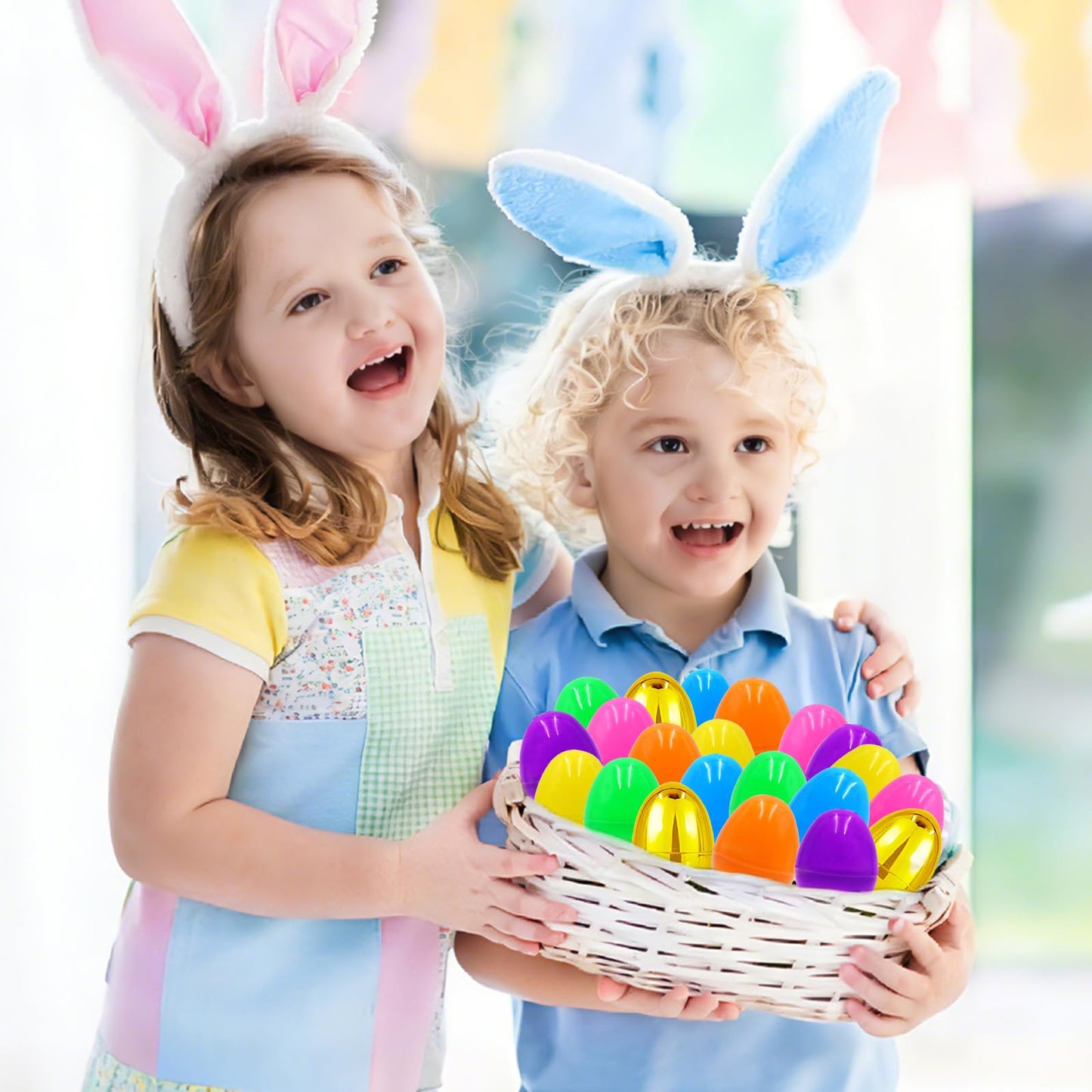 ZICZLI 100 PCS 2.4" Plastic Easter Eggs with 6 Golden Eggs, Empty Fillable Bright Colorful Eggs for Kids Boys Girls Easter Hunt Classroom Prizes Basket Stuffers Easter Party Favors