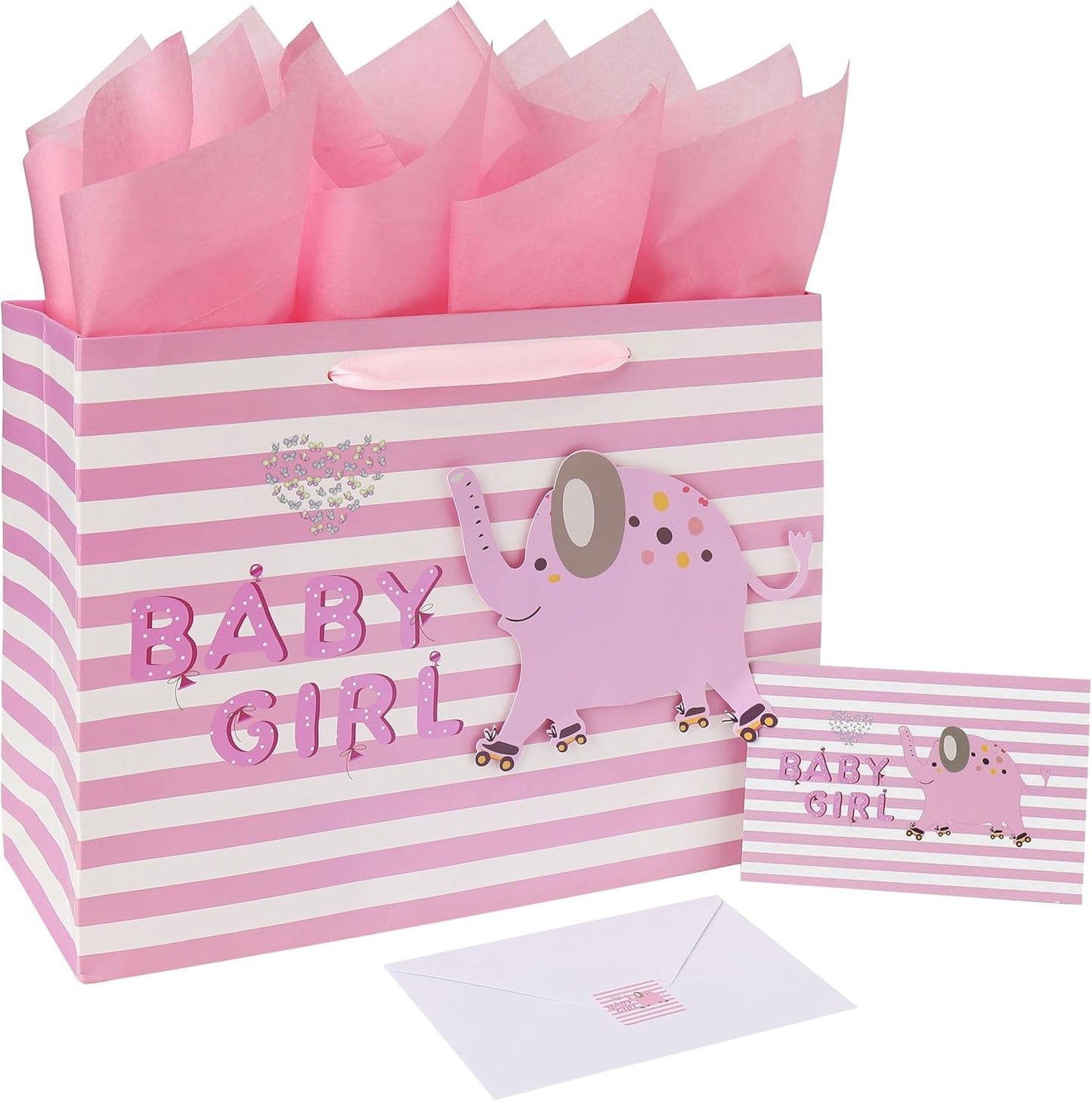 Wishinside 13" Large Pink Gift Bag Set - 3D Elephant Design with Greeting Card & Tissue Paper for Baby Girl, Baby Shower, Kids Birthday Party