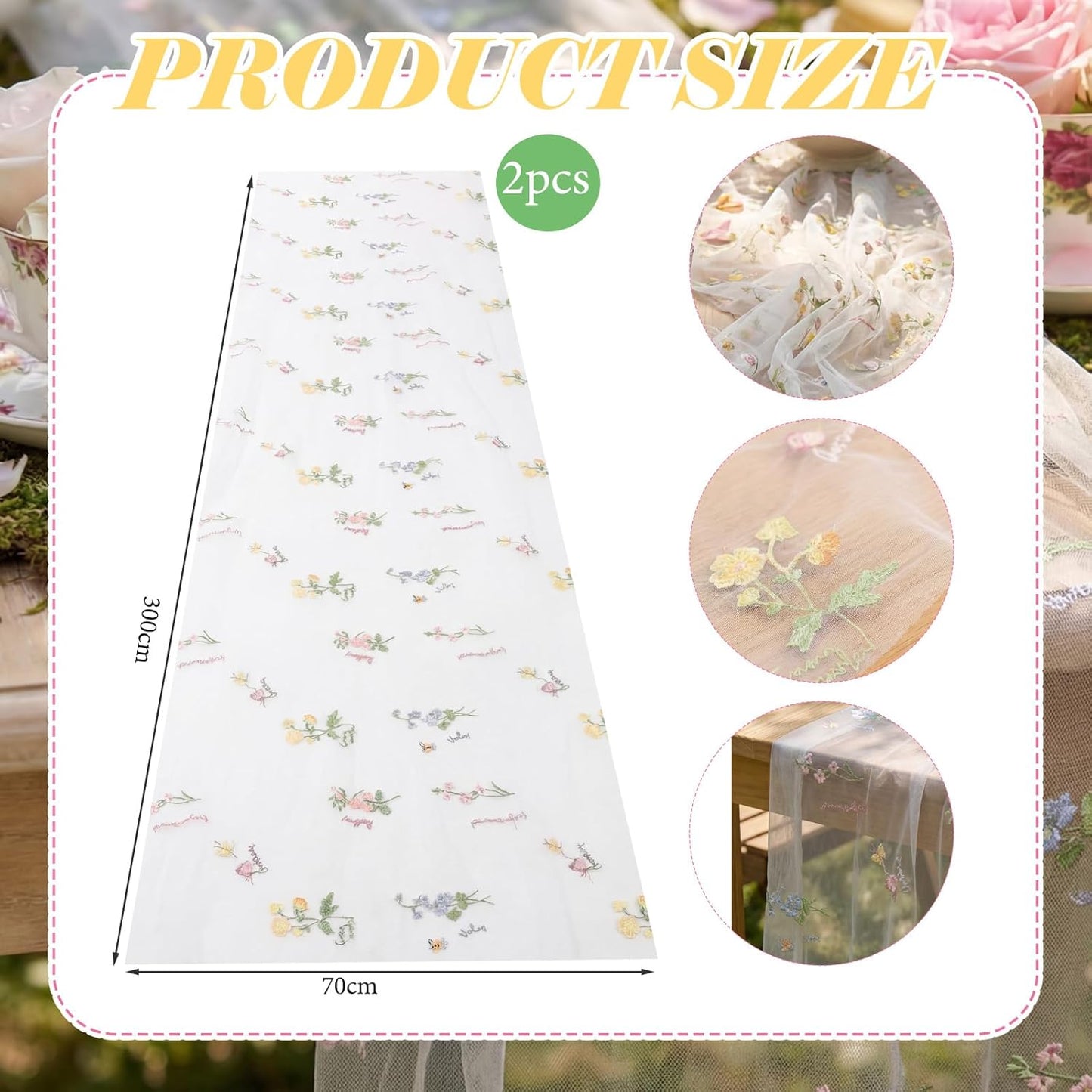 Remagr Floral Table Runner - 9.8 ft Embroidered Tulle for Weddings, Showers & Seasonal Decor