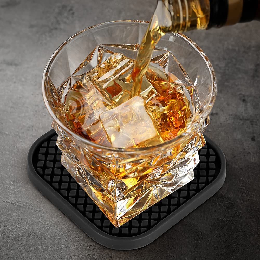 ME.FAN Silicone Coasters with Holder [6 Pack] Square Drink Cup Mat - Non-Slip, Non-stick, Stay Put, Deep Tray - Prevents Furniture and Tabletop Damages Nave Blue