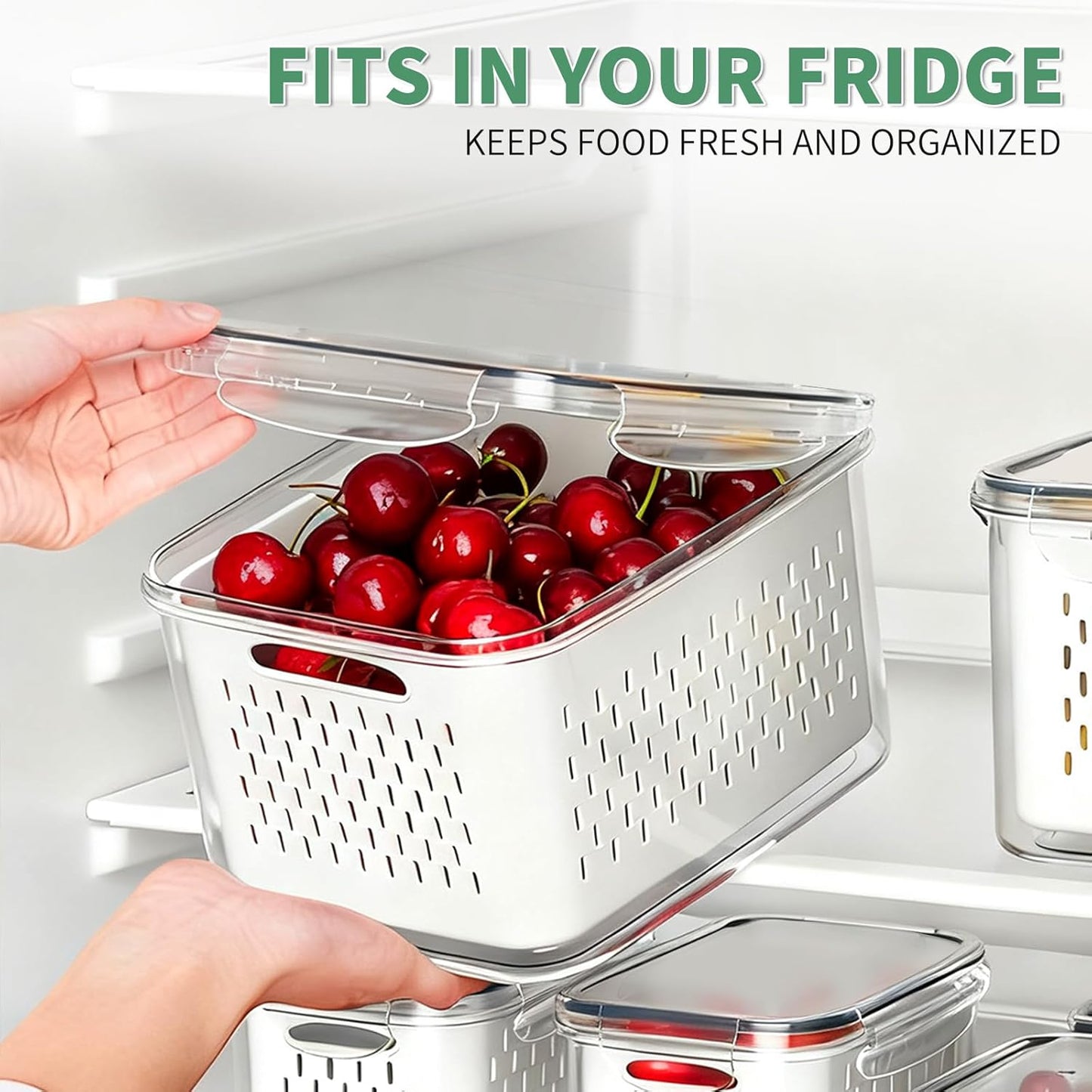 Skiennix Fruit Storage Containers - 3 Pcs Airtight Fridge Containers with Removable Colander Basket