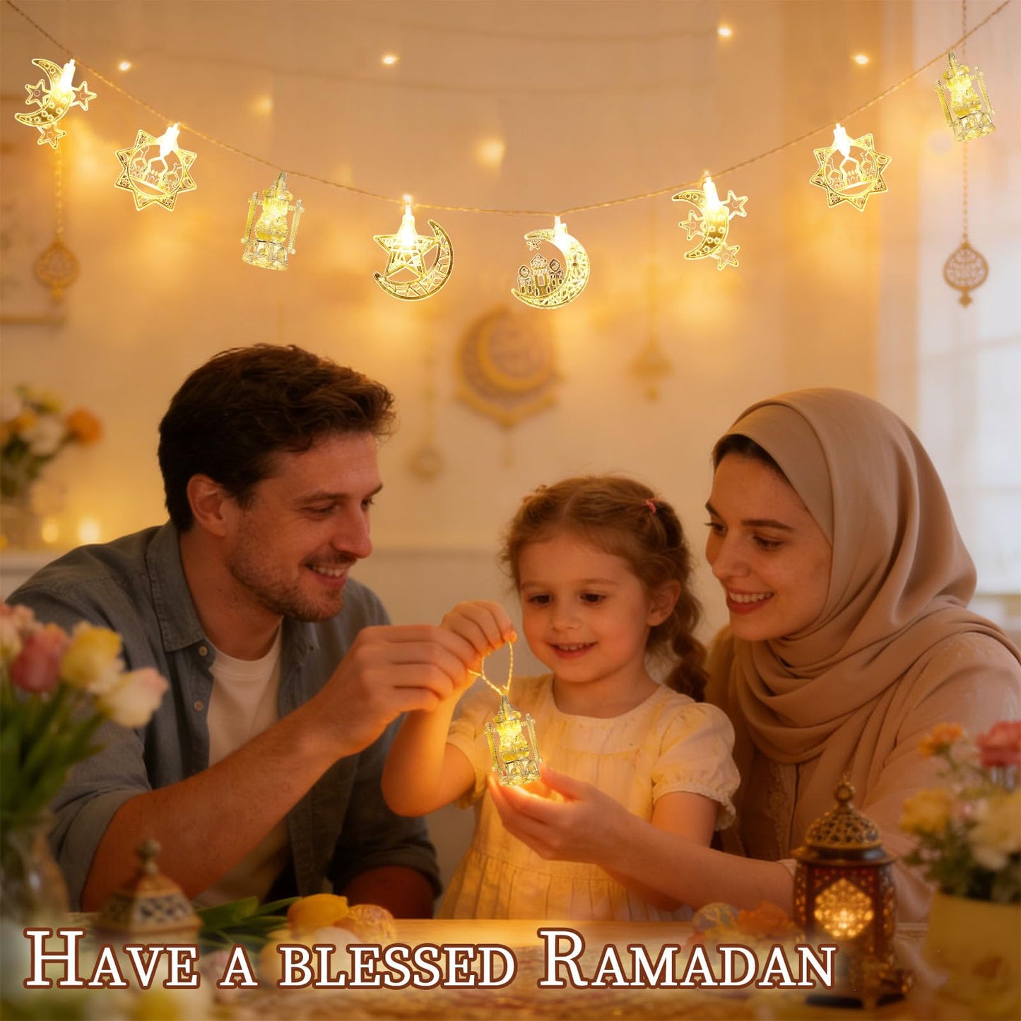 Moon Star String Lights 10FT 20 LED Star Fairy Lights Ramadan Lights with Battery & USB Powered 2 Lighting Modes Waterproof Eid Mubarak lights for Ramadan Decorations Christmas New Year Wedding Party