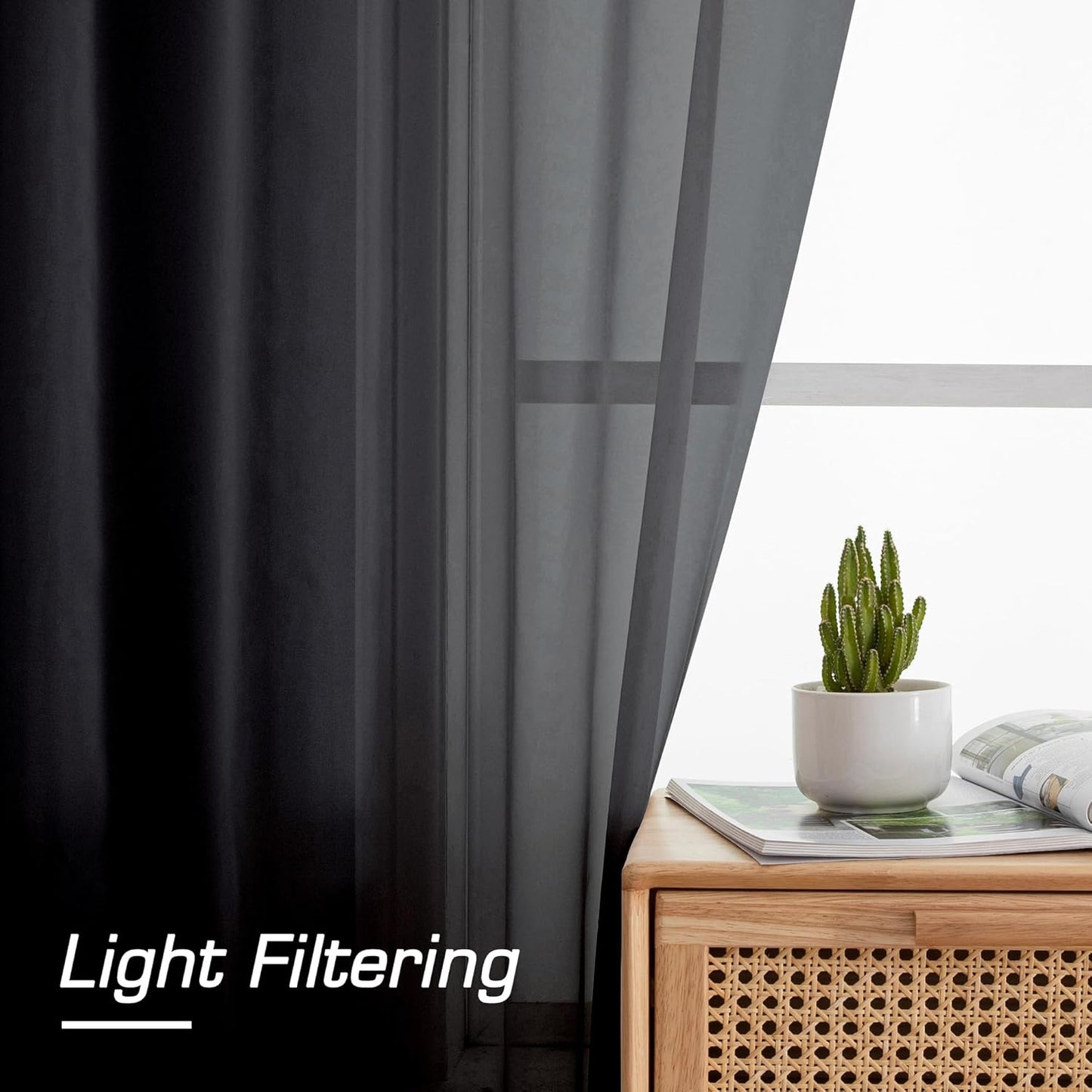 Simplebrand Black Sheer Curtains - Elegant Light Filtering Rod Pocket Panels | 84 Inches Long, 2-Pack