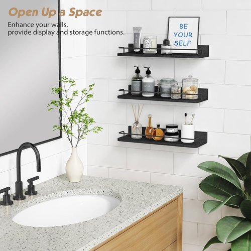 Forbena Black Floating Shelves - Rustic Wall Storage for Bathroom, Kitchen, Office | Set of 3, 17 Inch