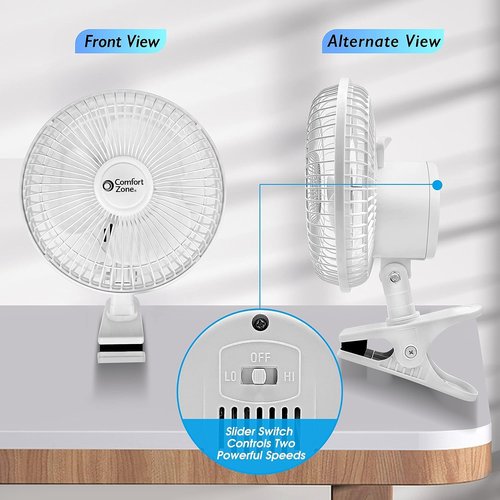 Comfort Zone 6-Inch Corded Clip-On Fan - 2-Speed Quiet Desk Air Circulator with 360° Rotation & Adjustable Tilt