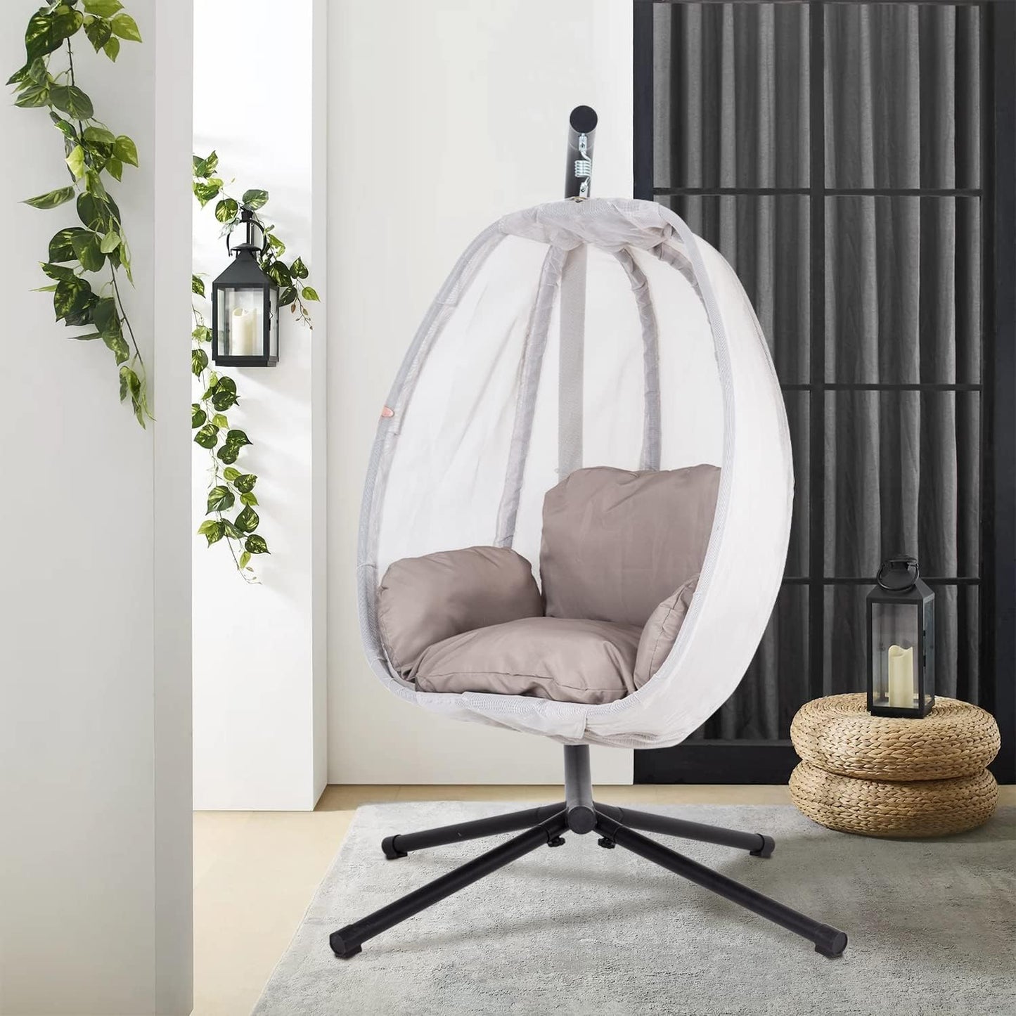 Skiennix Swing Egg Chair - Comfortable Hammock Chair with Metal Stand & Cushion - Gray, 400LBS Capacity