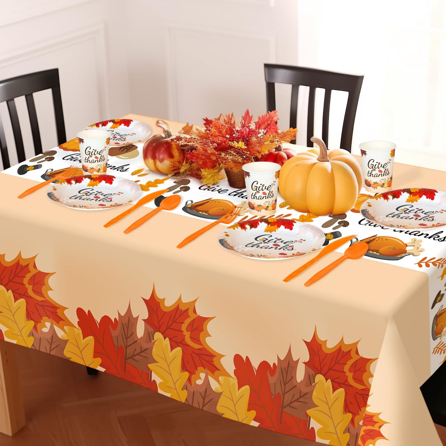 Childom 152Pcs Thanksgiving Plates and Cups,Disposable Thanks Giving Dinnerware Set,Thanksgiving Decorations,Thanks Giving Party Supplies,Give Thanks Tablecloth Plates Cups Forks Knives Spoon,Serve 30