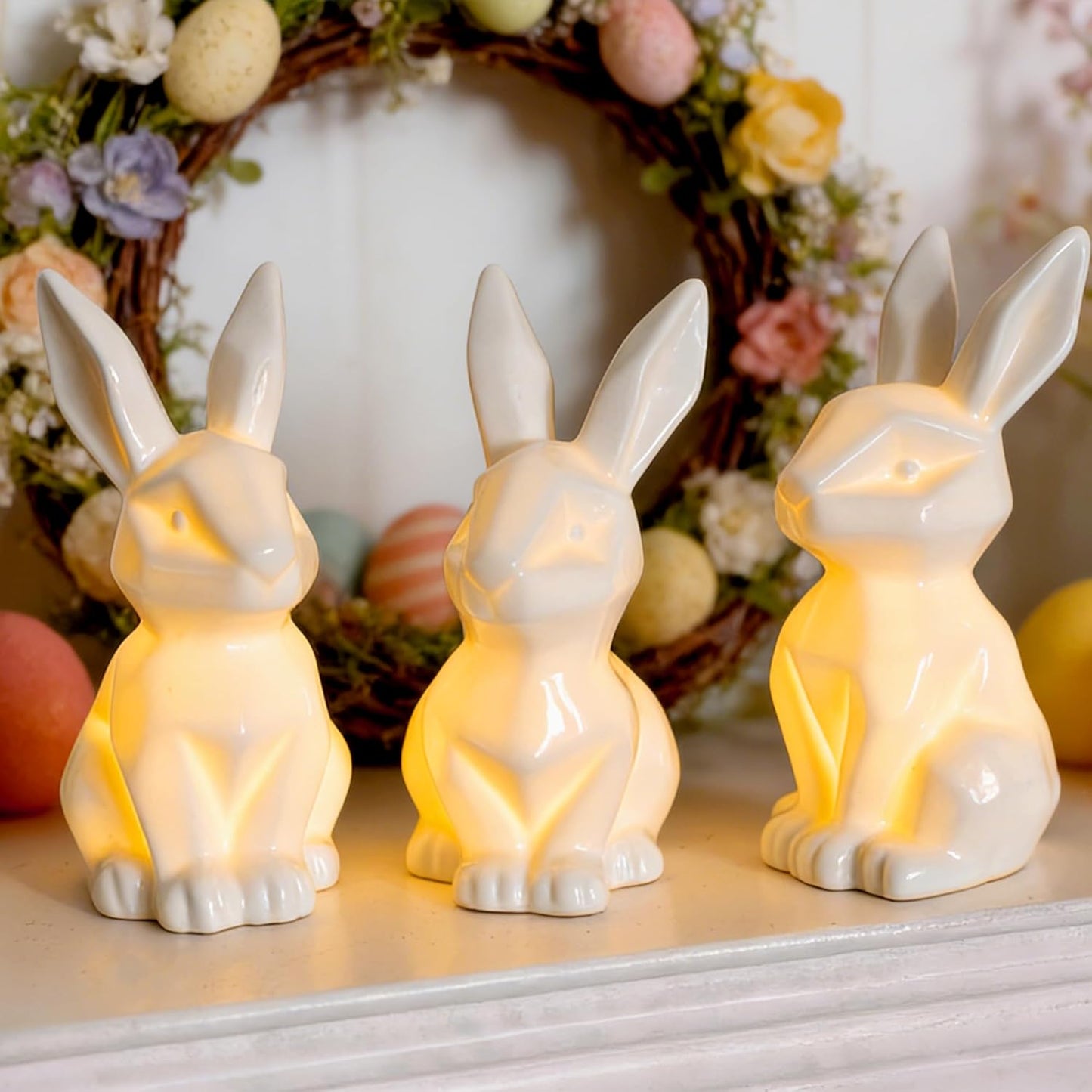 NEROSUN Easter Bunny Decorations - 3 Pack Ceramic White Rabbit Statues | Lighted Table Centerpiece for Spring Decor