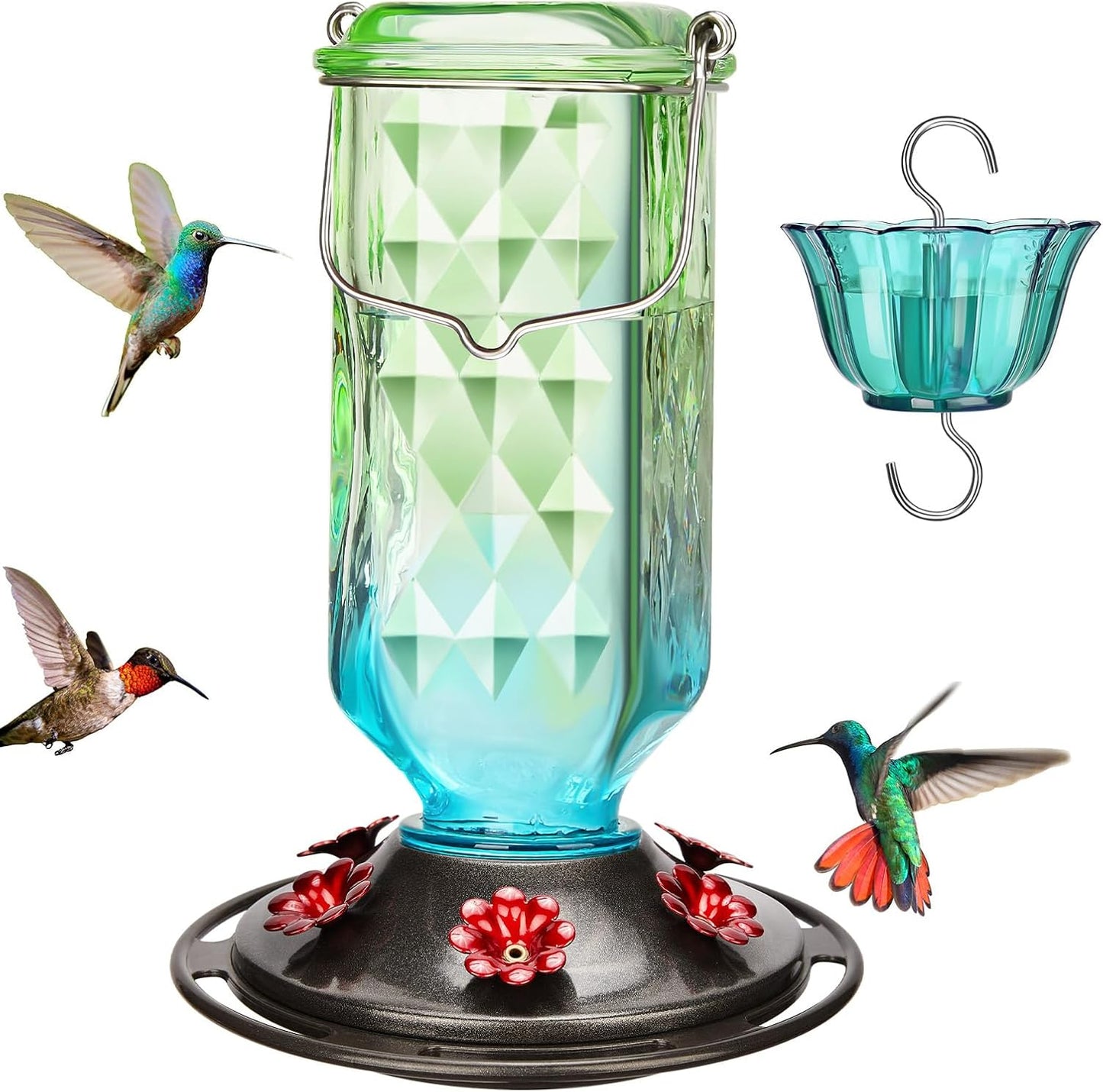 Kingsyard Hummingbird Feeder - 24 Ounce Outdoor Glass Nectar Feeder with 6 Ports & Ant Moat | Green & Blue