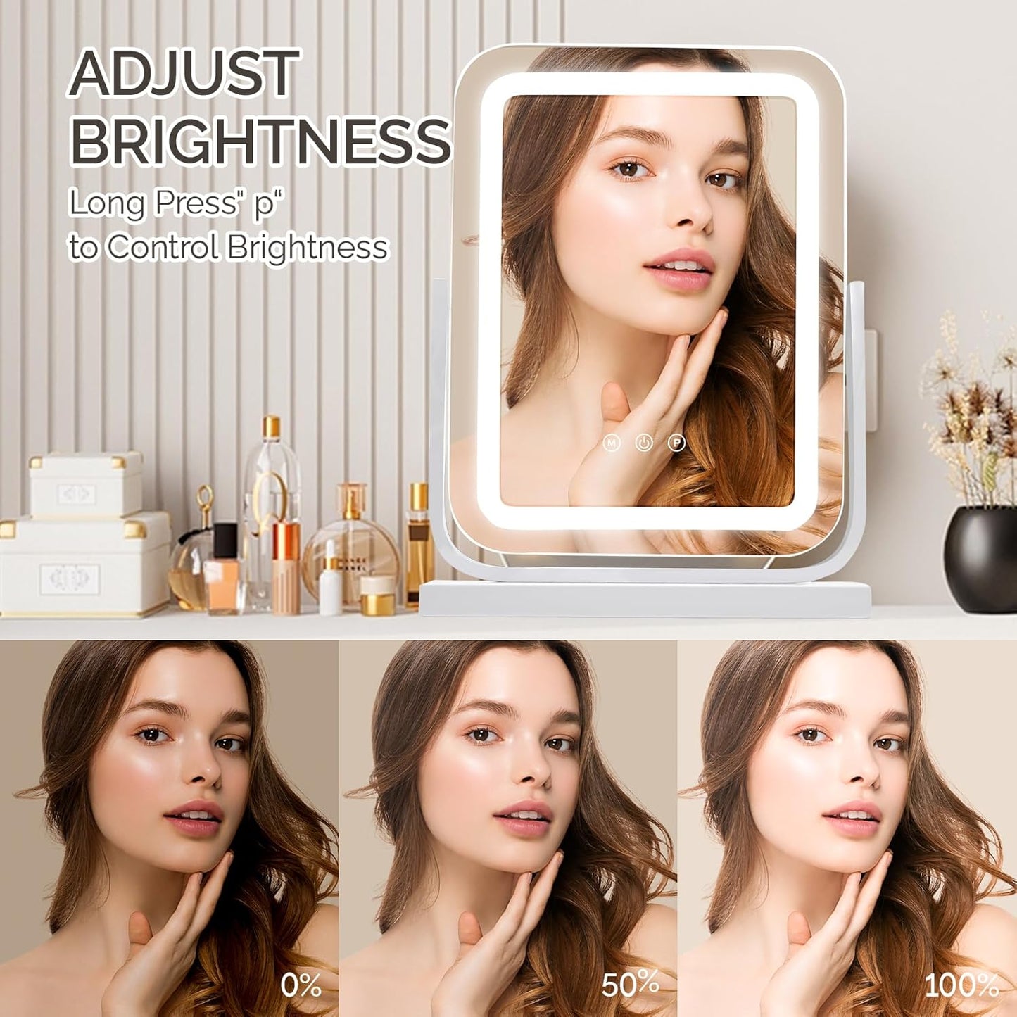 Vanity Mirror with Lights, 12"×15.5" LED Makeup Mirror with Lights, Lighted Makeup Mirror for Bedroom Tabletop, Smart Touch Control, Dimmable 3 Modes Light, 360° Rotation (White)