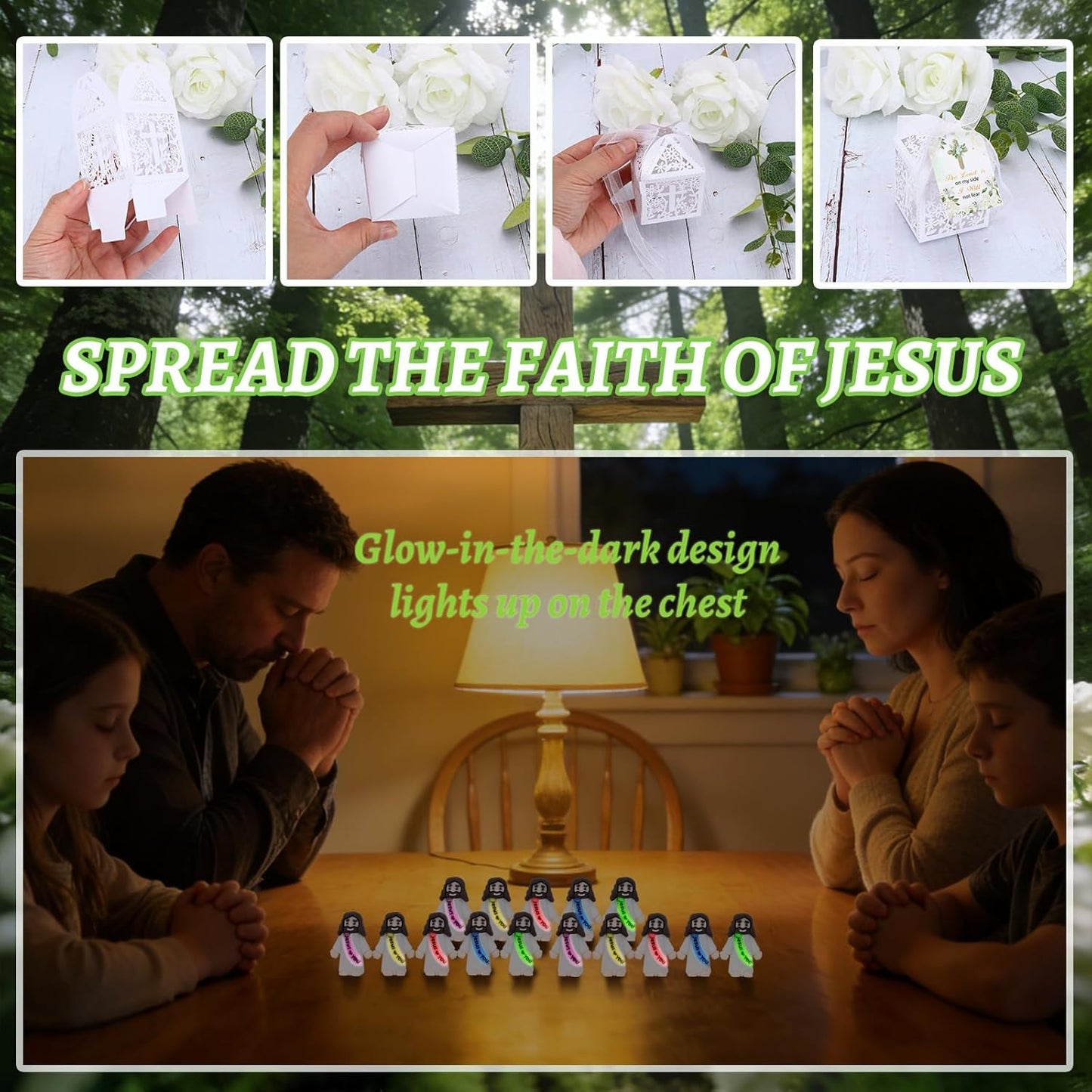 Skiennix Mini Jesus Figurines - 50 Sets Glow in The Dark Gifts with "Let Your Light Shine" Cards | Perfect for Church Baptism and Religious Parties