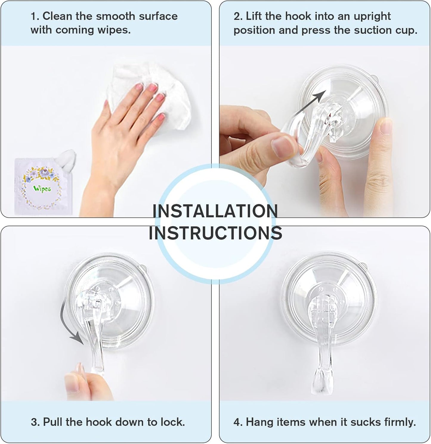 VIS'V Suction Cup Hooks - Heavy Duty, Removable & Reusable Shower Hooks | Clear, 4 Pack