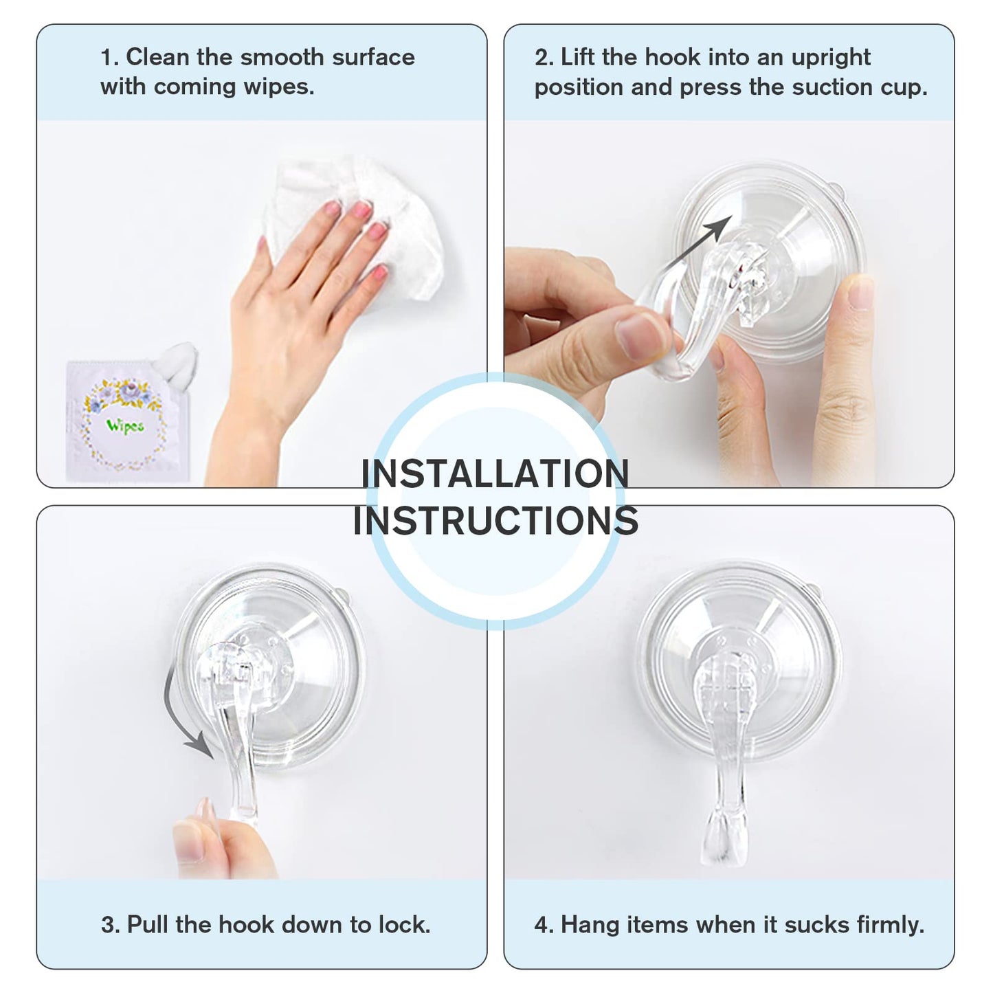 VIS'V Suction Cup Hooks, Small Shower Suction Hooks with Wipes, Heavy Duty, Removable and Reusable, Clear, 2 Pcs
