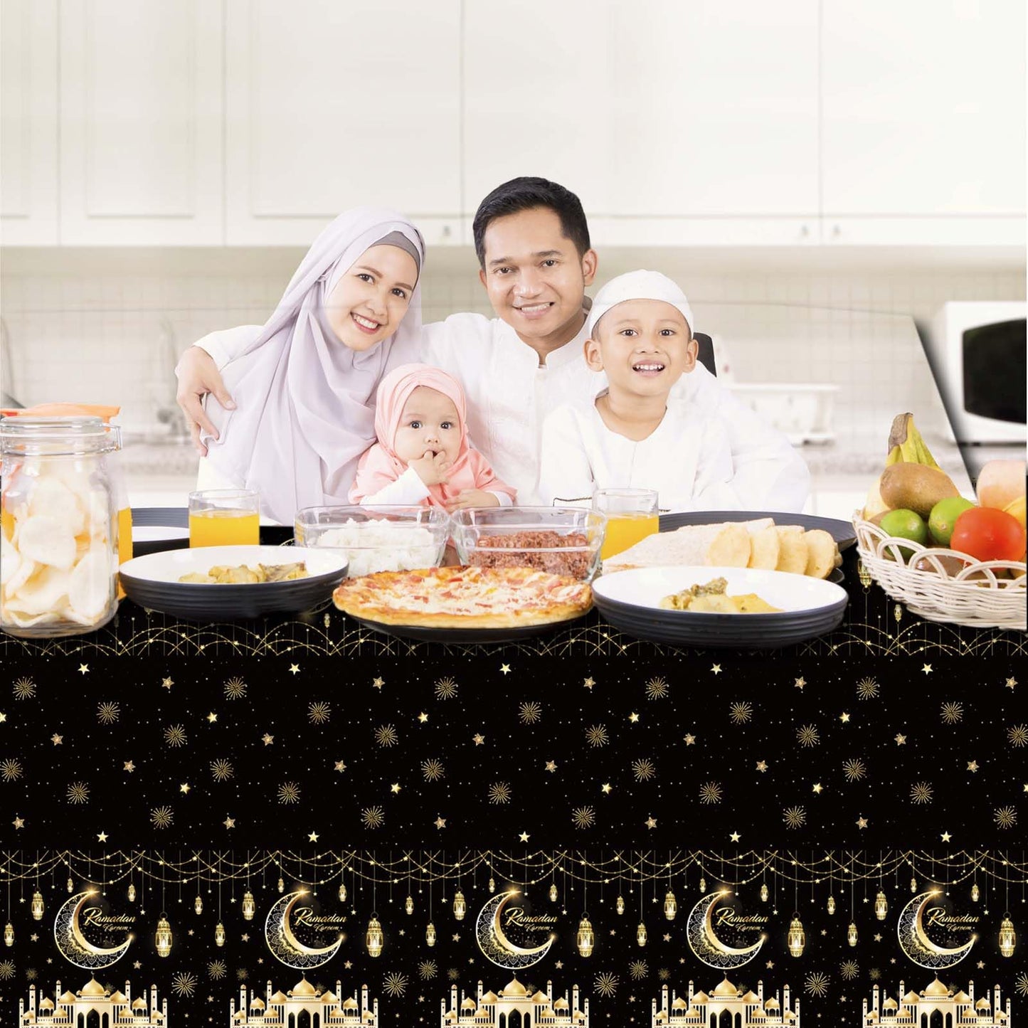 Qpout 3 Pack Ramadan Tablecloths, Disposable Plastic Rectangle Eid Table Covers with Moon and Star Design for Ramadan Mubarak Decorations, 108 x 54 Inches