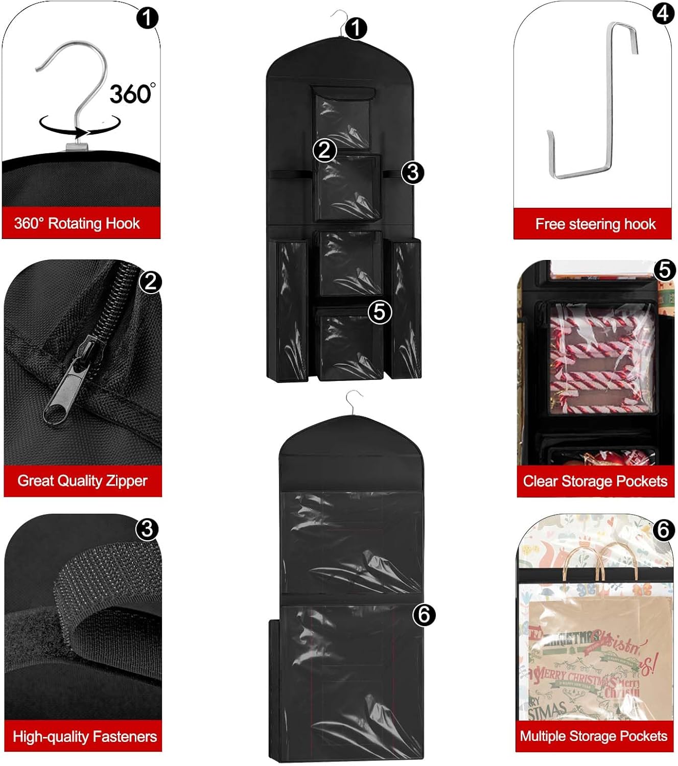 Woodoulogy Hanging Gift Wrapping Paper Storage - 40x17 Black Organizer & 63x13 Red Over-Door Bag