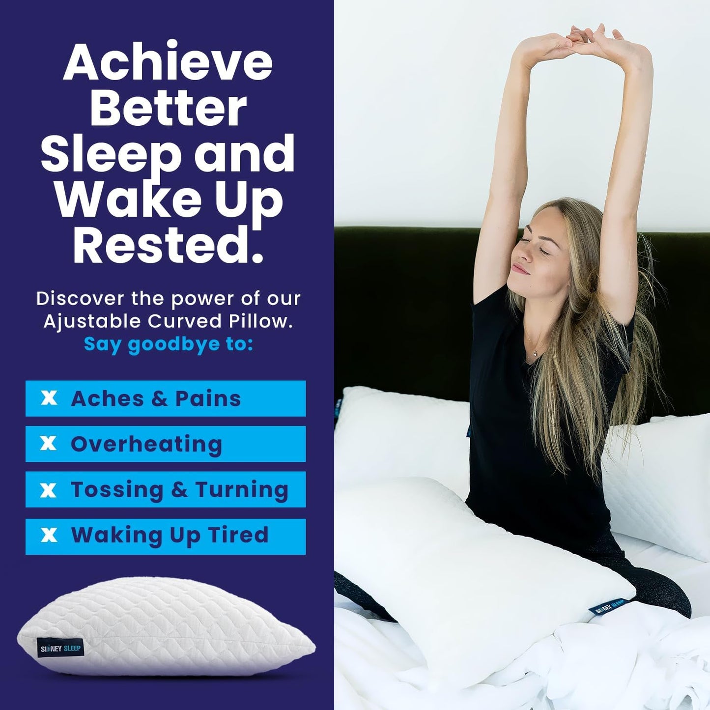 Sidney Sleep Adjustable Curved Contour Pillow - Queen Size | Neck & Shoulder Support for Side & Back Sleepers - Extra Fill Included (White)