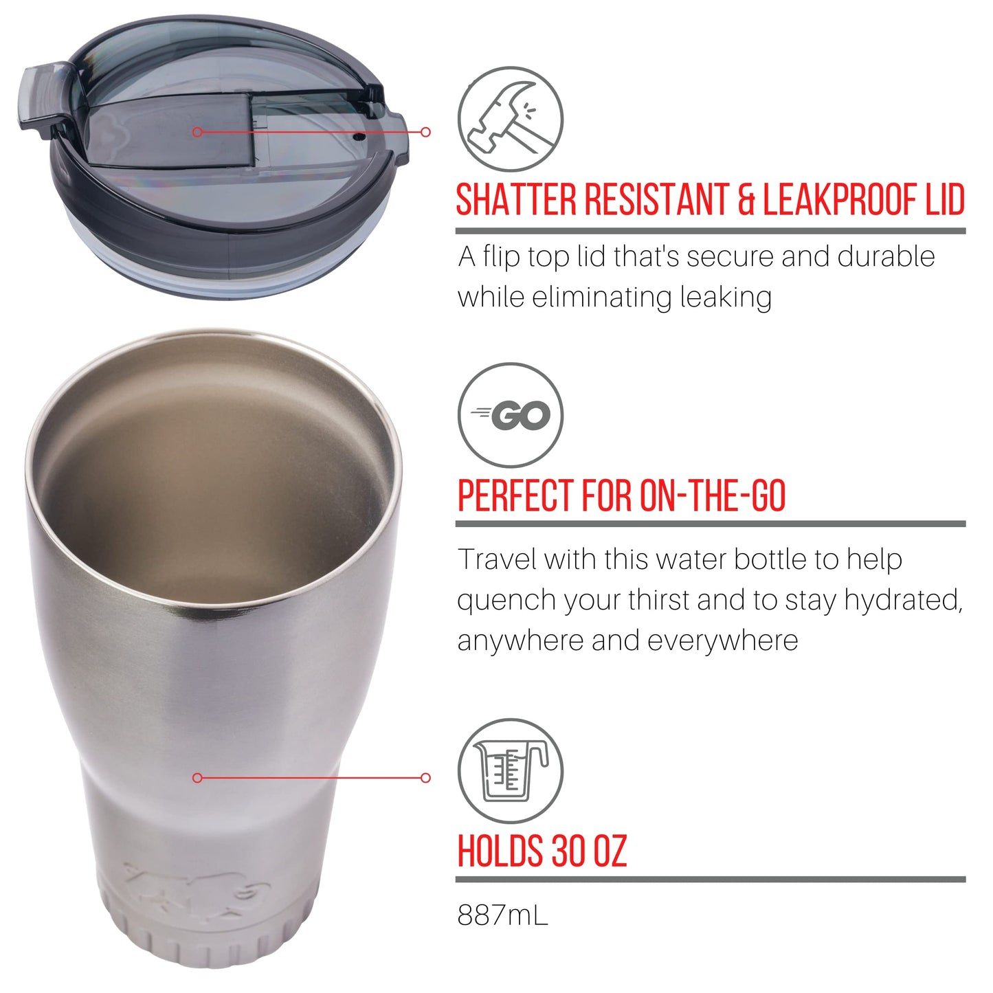 Silver Buffalo Double Walled Vacuum Insulated Stainless Steel Tumbler With Flip Top Lid Keeps Hot and Cold, Travel Coffee Mug Leak Proof Lid, 30 Ounces, Gray