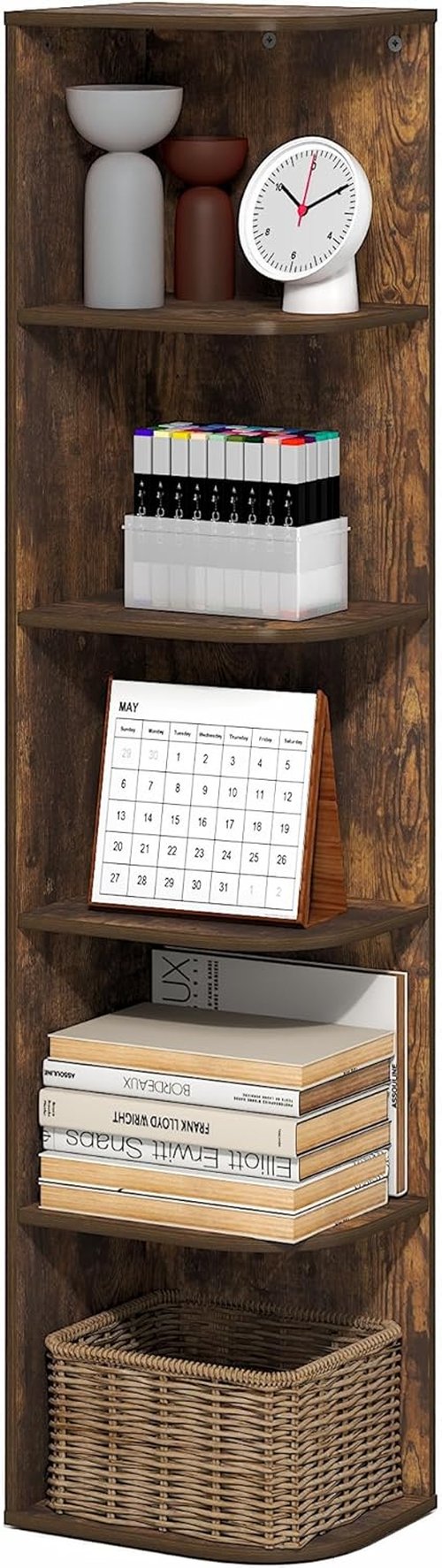 Furinno PASIR 5-Tier Corner Bookshelf - Open Design for Organization & Storage | Amber Pine, 9.3 x 12 x 51.7