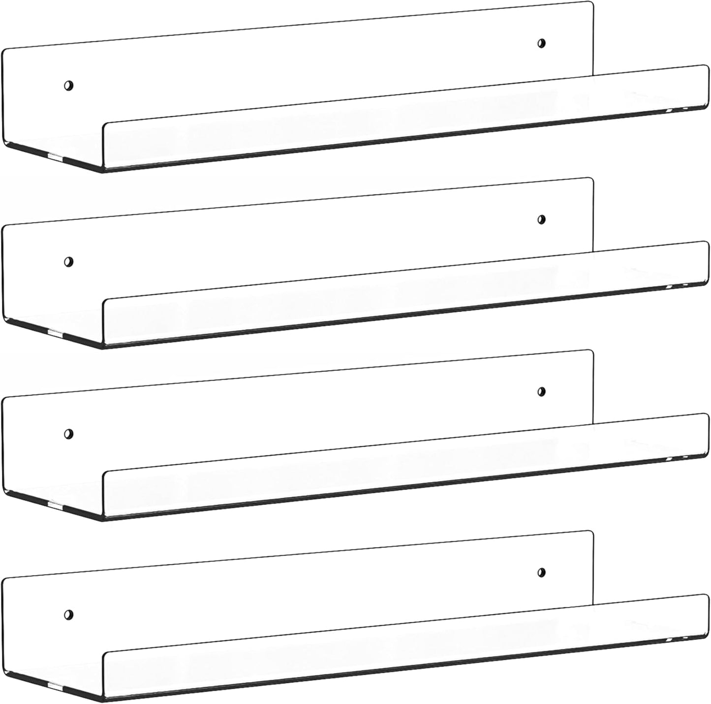 Skiennix 15-Inch Clear Acrylic Floating Shelves - No Drill, Renter-Friendly Wall Display for Bathroom & Kids Room