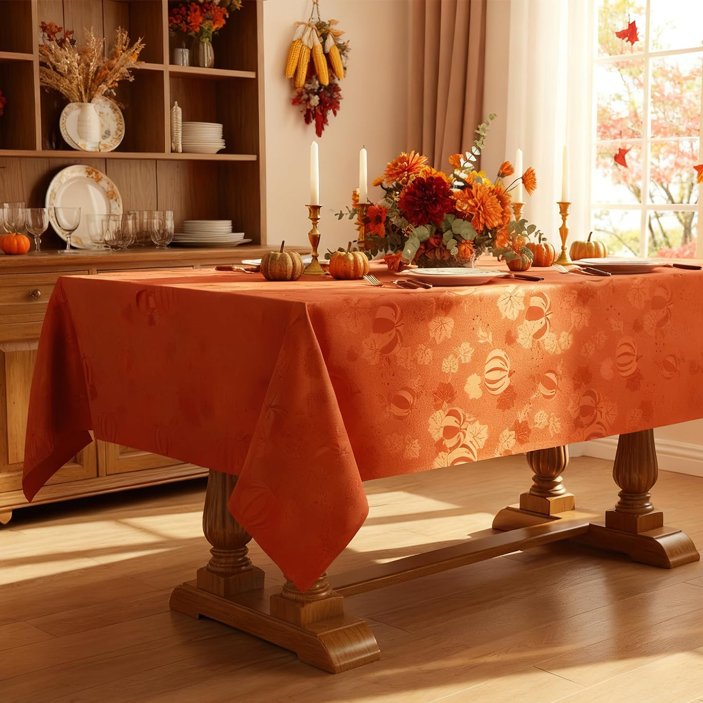 Smiry Rectangle Jacquard Tablecloth, Fabric Table Cover, 60x84 Inch, Rust
