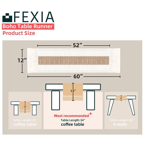 FEXIA Boho Table Runner with Tassels 60 Inches Long Christmas Thanksgiving Farmhouse Rustic Cream & Brown Macrame Table Runner for Home Dining Bedroom Bridal Shower Decor(12x60 Inches)