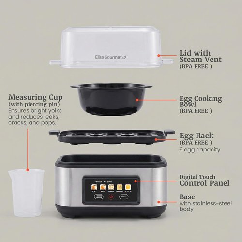 Elite Gourmet Digital Egg Cooker - 6 Egg Capacity, One-Touch Operation & Auto Shut-Off | Stainless Steel Design