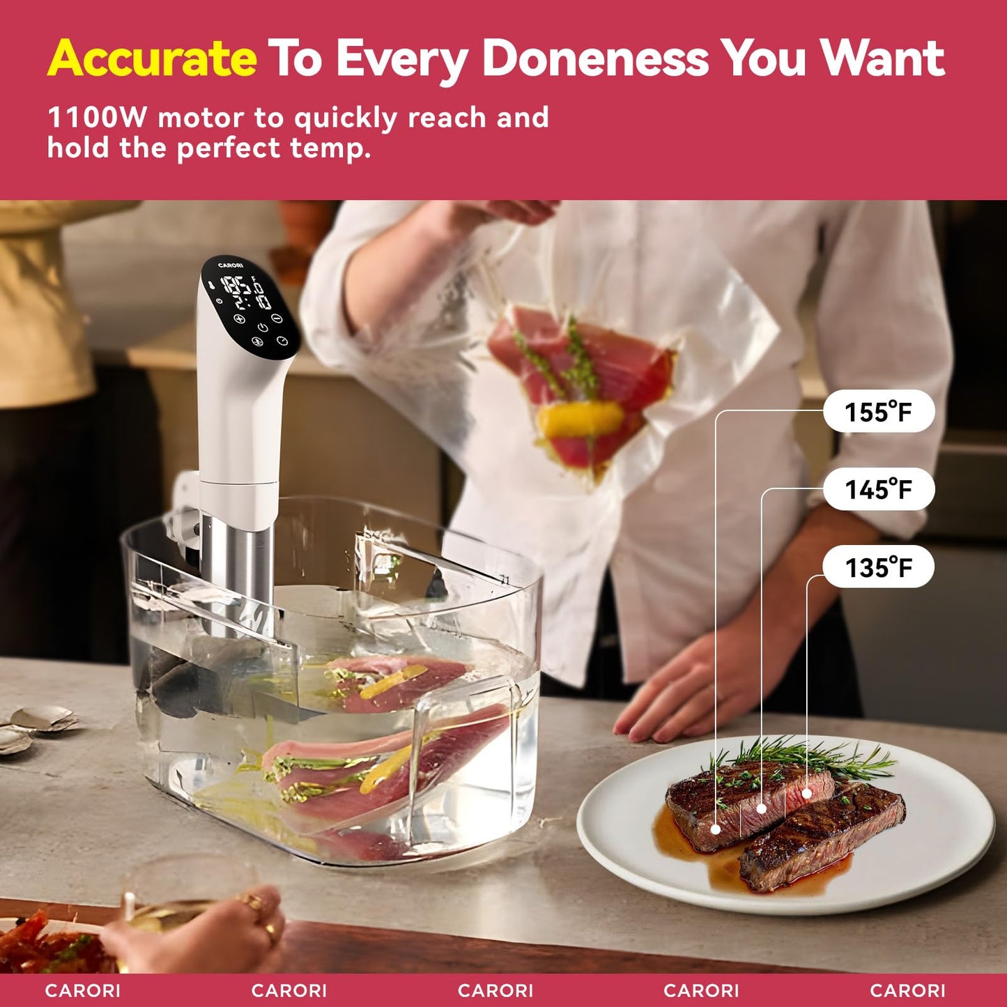 Carori Sous Vide Machine 1100W, Sous Vide Precision Cooker, Ultra Quiet Immersion Circulator with Recipes, Accurate Temperature and Time Control with Adjustable Clamp, Brushless Motor, White