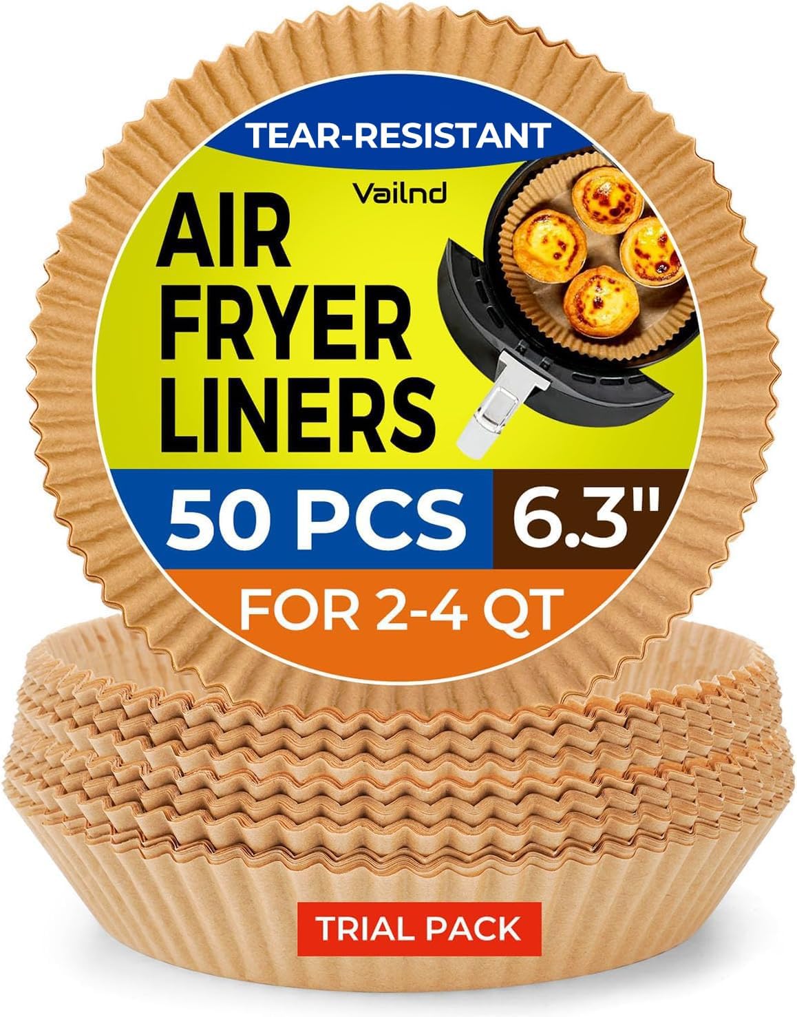 Najia Air Fryer Liners - 50 PCS Disposable Parchment Sheets | 6.3 Inch Round, Oil-Proof for 2-4 Qt Baskets