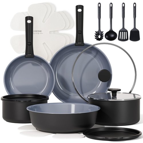 CAROTE 19PCS Ceramic Cookware Sets, Pots and Pans Set Non Stick Non Toxic, Induction Cookware, Kitchen Cookware Sets, Pots Set for Healthy Coooking, Gray