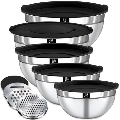Boskermeal Mixing Bowls with Lids Set - 5 Nesting Mixing Bowls, 3 Grater Attachments, Lids, Stainless Steel Mixing Bowls for Mixing & Serving, Size 1.5/2.1/3.5/4/4.5 QT, Black