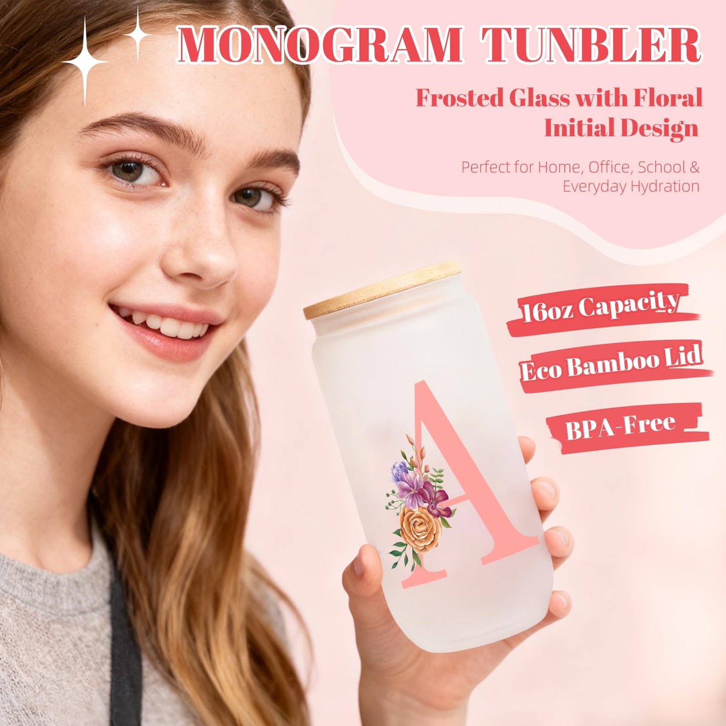 GooBird Personalized Monogrammed Gift Box for Women & Teen Girls–Pink Tumbler, Mirror & Hair Accessories Set, Initial A Gifts for Her, Sister, Daughter, Friends, Bridesmaid or Teacher