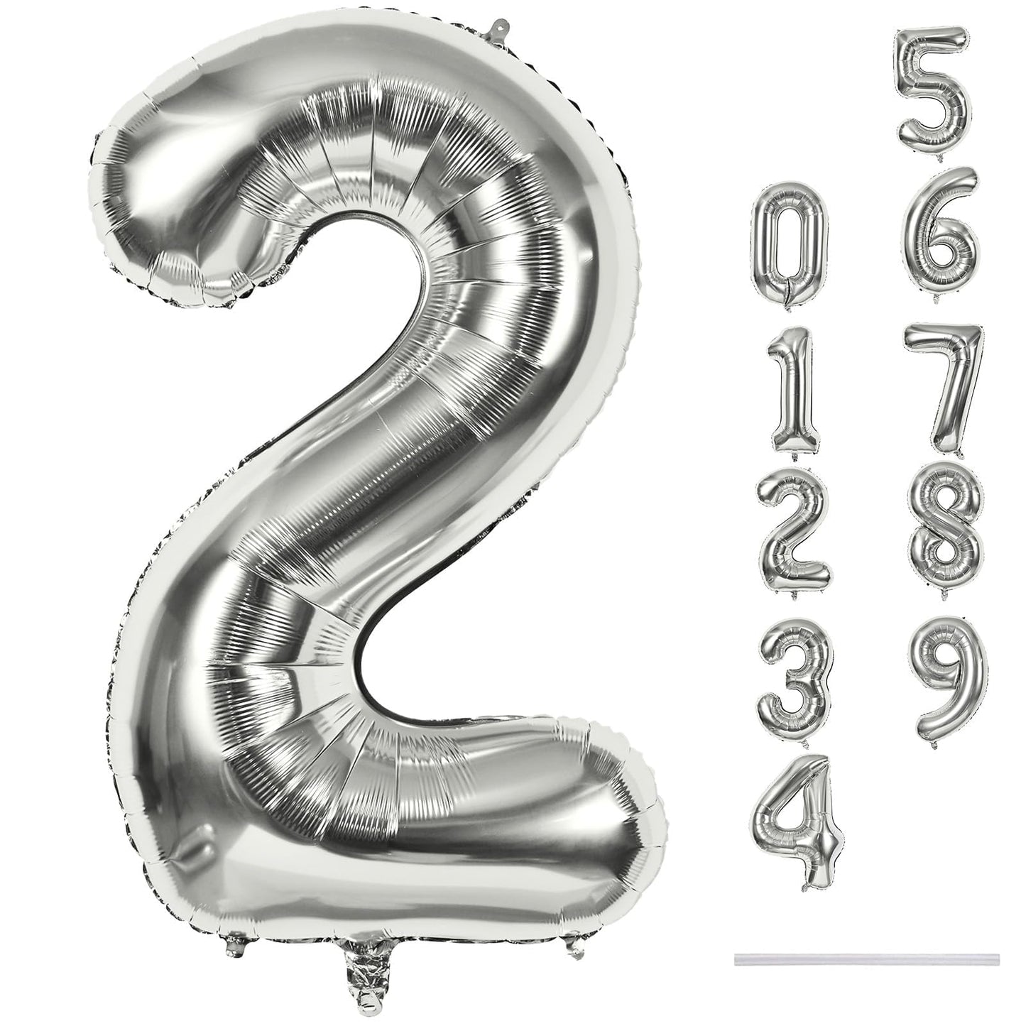 Silver Number Balloons, 40 inch Large Number 2 Foil Helium Balloons for Girls Women, Self Inflating Number Balloons 0-9 for Men Boys 2nd 12th 30th Birthday Anniversary Party Celebration Decoration